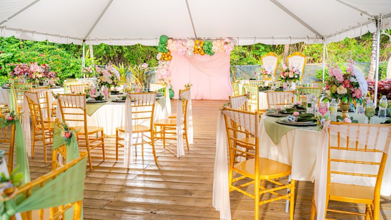Round tables with sage linens, pink flowers and gold chairs beneath a white garden tent.